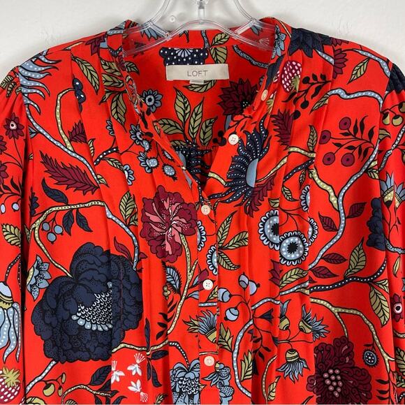 Loft orange blue floral chiffon pleated preppy office button blouse oversized XS - Picture 2 of 7